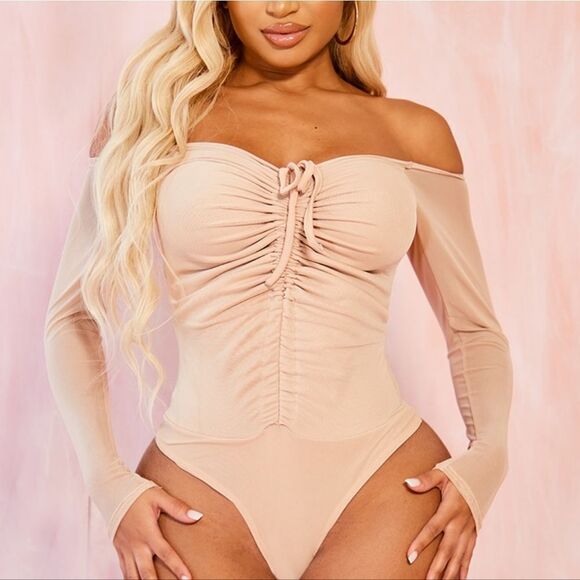 Prettylittlething Shape Stone Mesh Long Sleeve Ruched Bodysuit Size 8 Tan NWT - Picture 2 of 7